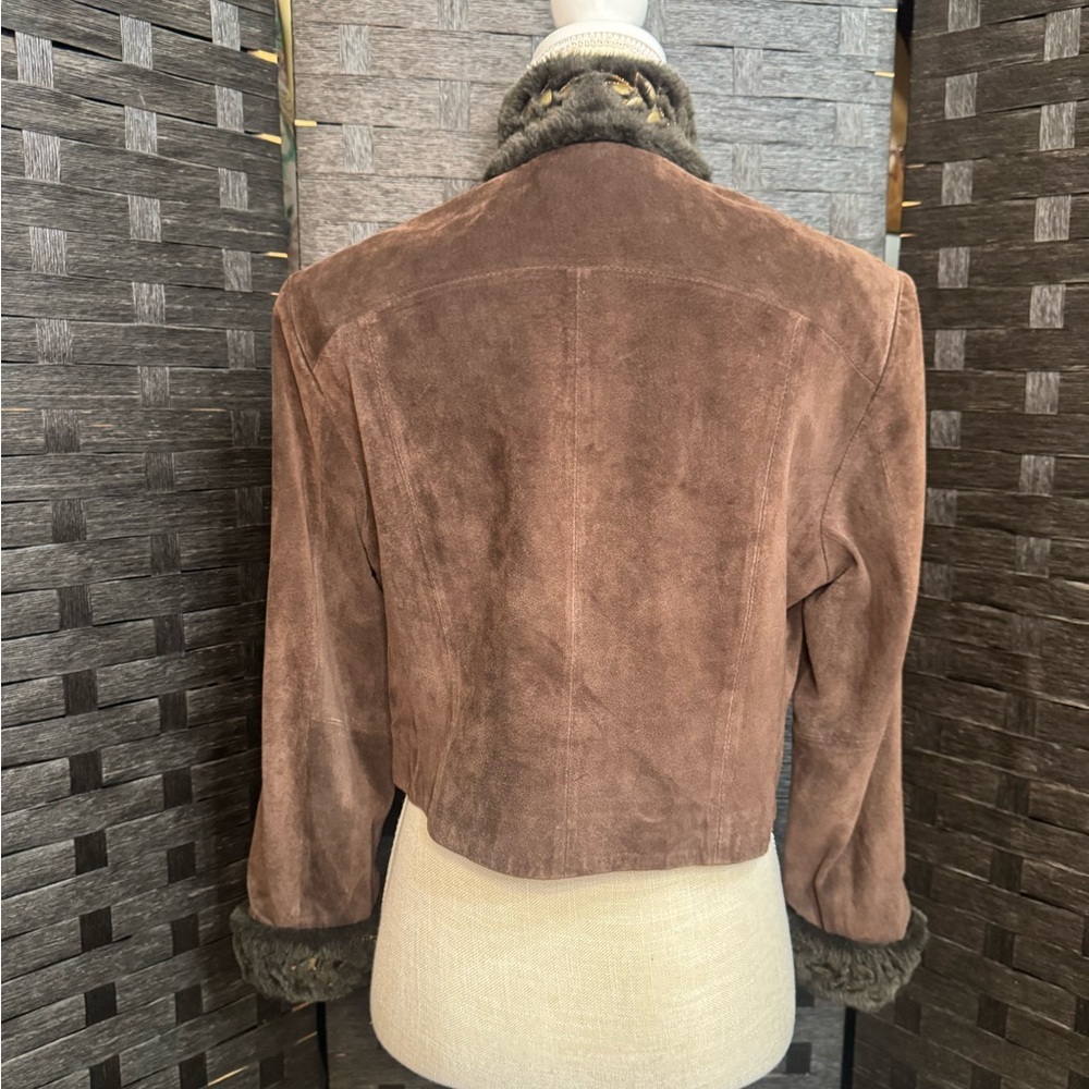 David Rodriguez Fleur Crop Brown Suede Women's Jacket with Fur embroidered trim - Picture 2 of 5